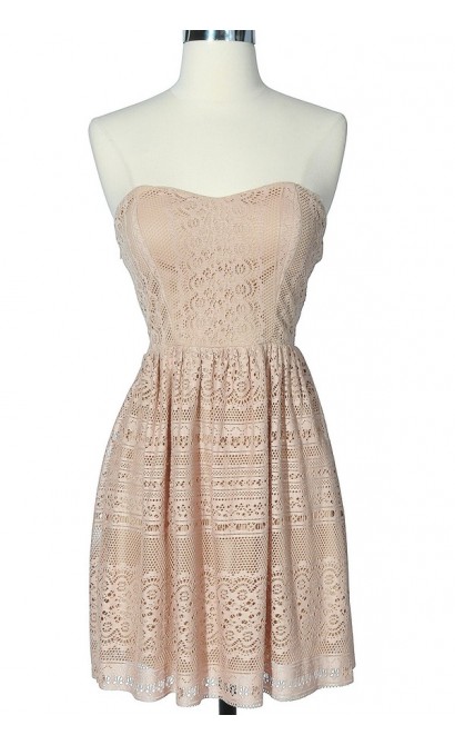 Taupe Cutout Lace Strapless Dress